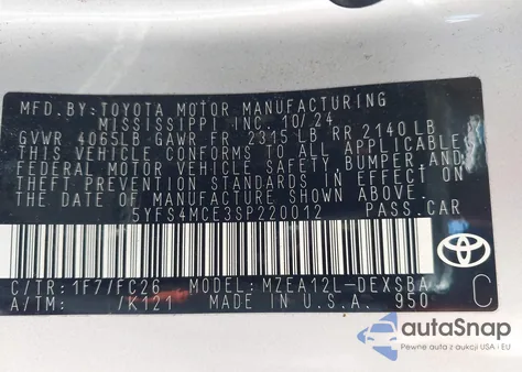 2025 Toyota Corolla Se from USA, damaged, VIN 5YFS4MCE3SP220012